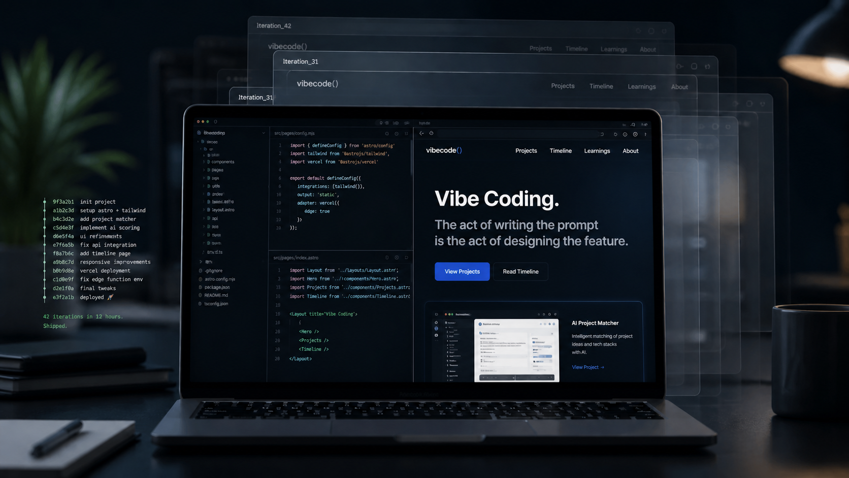 Laptop mit Code-Editor und mehreren übereinandergelegten Iterations-Fenstern, dunkle Atmosphäre